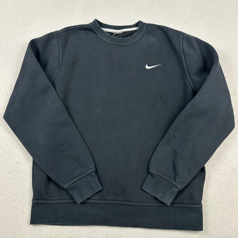 Nike Sweatshirt Men Large Black Solid Crewneck Pullover Long Sleeve Swoosh L *